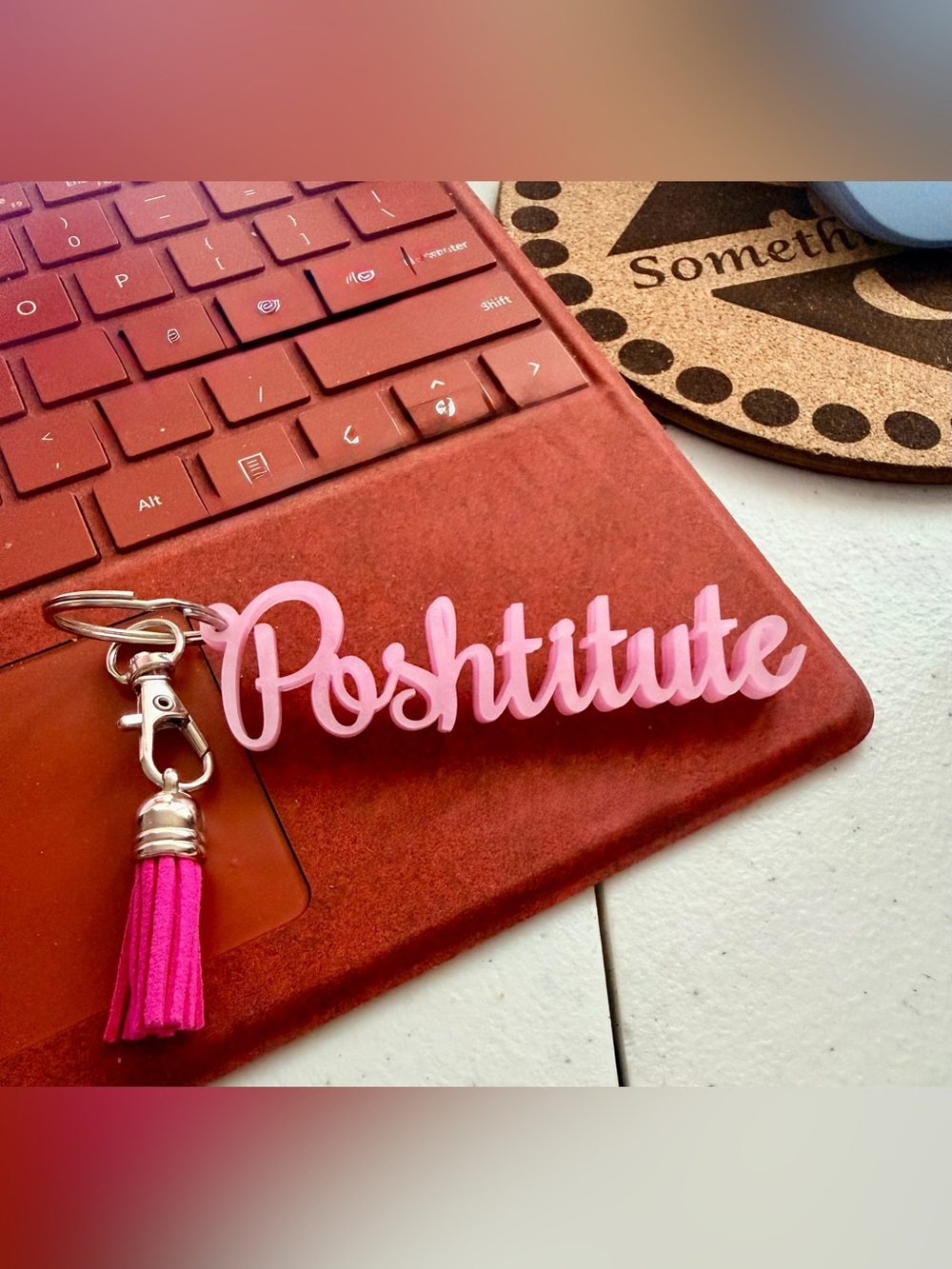 Hand crafted by me acrylic double layer Poshtitue Key chain/bag charm w/tassel